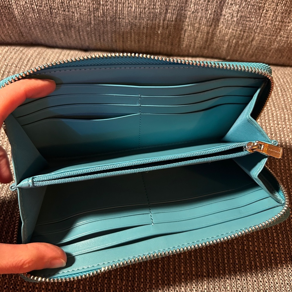 Coach Turquoise and Brown Signature Zip Wallet - Picture 3 of 3